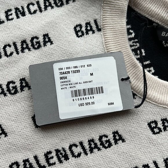 NWT Balenciaga Crewneck Knit Sweater White Cotton Wool Allover Mini Logo Sz M - Picture 5 of 11